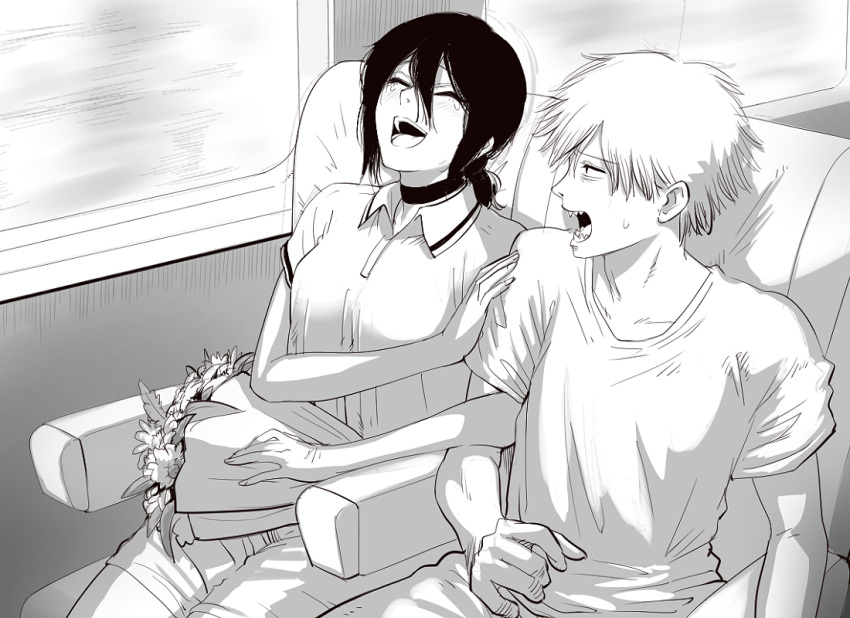 1boy, 1girl, bouquet, chainsaw_man, choker, closed_eyes, denji_(chainsaw_man), greyscale