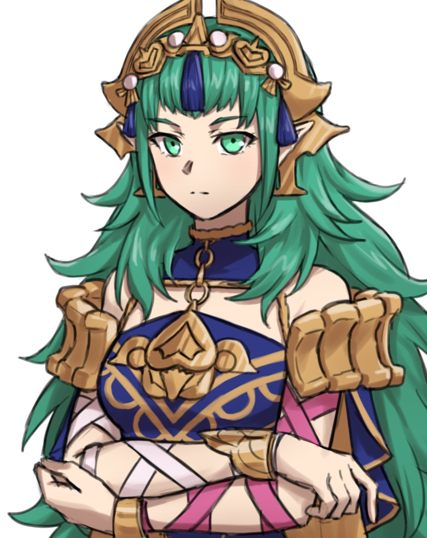 1girl, arm_wrap, breasts, closed_mouth, crossed_arms, dress, fire_emblem, fire_emblem:_fortune's_weave, green_eyes, green_hair, hair_ornament, headpiece, highres, long_hair, looking_at_viewer, medium_breasts, pointy_ears, purple_dress, ribbon, simple_background, solo, sothis_(adult)_(fire_emblem), sothis_(fire_emblem), tassel, tassel_hair_ornament, tiara, upper_body, white_background, zuzu_(ywpd8853)