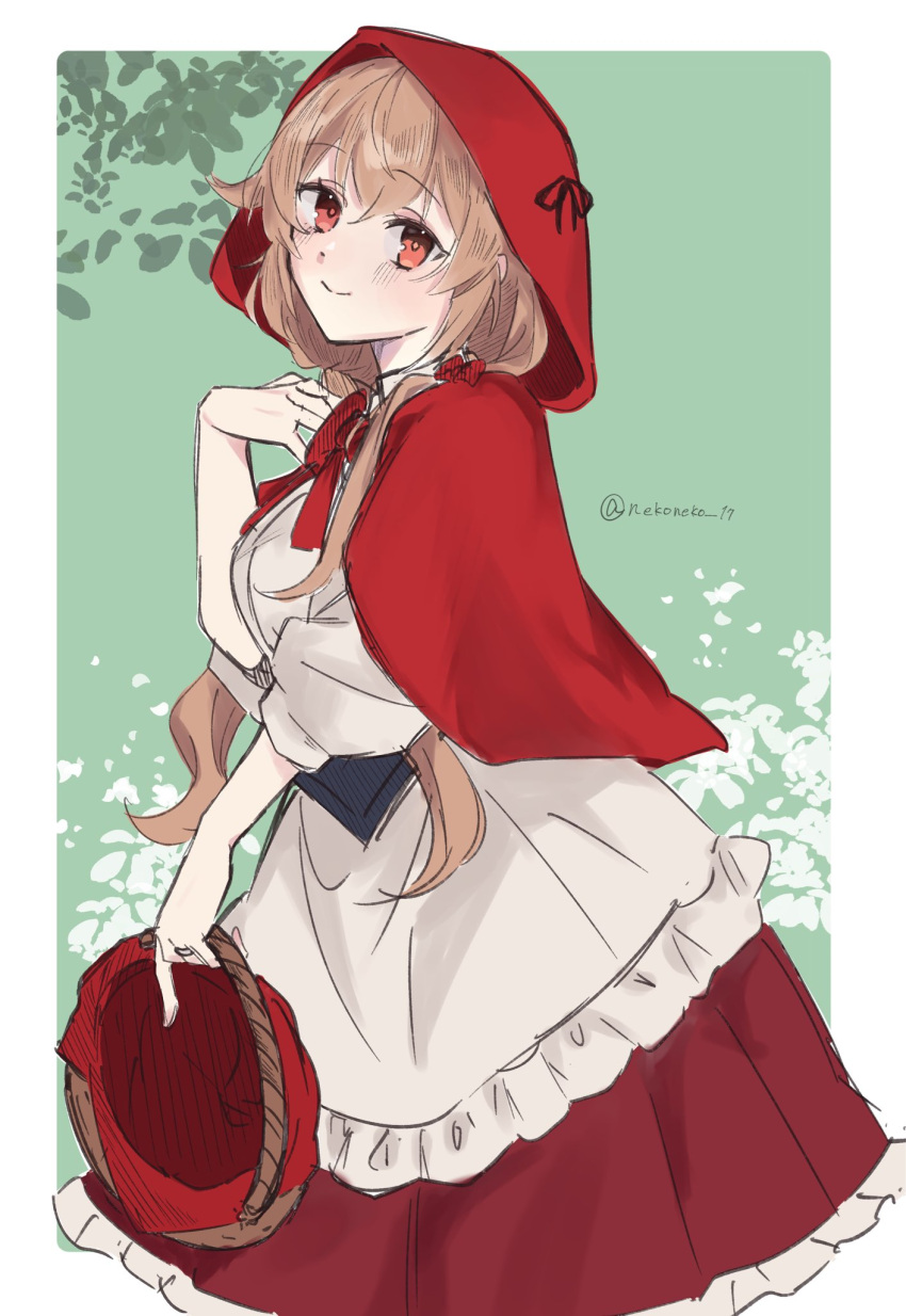 1girl, apron, basket, brown_hair, capelet, collared_shirt, cosplay, dress_shirt