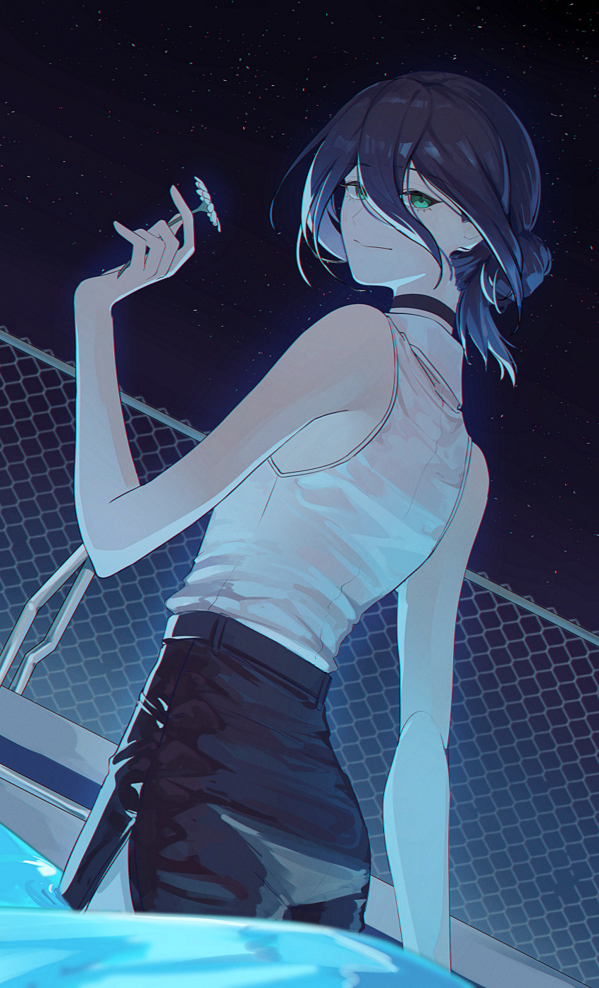 1girl, absurdres, black_choker, black_hair, black_shorts, chain-link_fence, chainsaw_man, choker, closed_mouth, deflagration_0_(ash), fence, flower, green_eyes, hair_between_eyes, hair_bun, highres, holding, holding_flower, night, outdoors, pool, reze_(chainsaw_man), shirt, shorts, sleeveless, sleeveless_shirt, solo, wading, white_flower, white_shirt