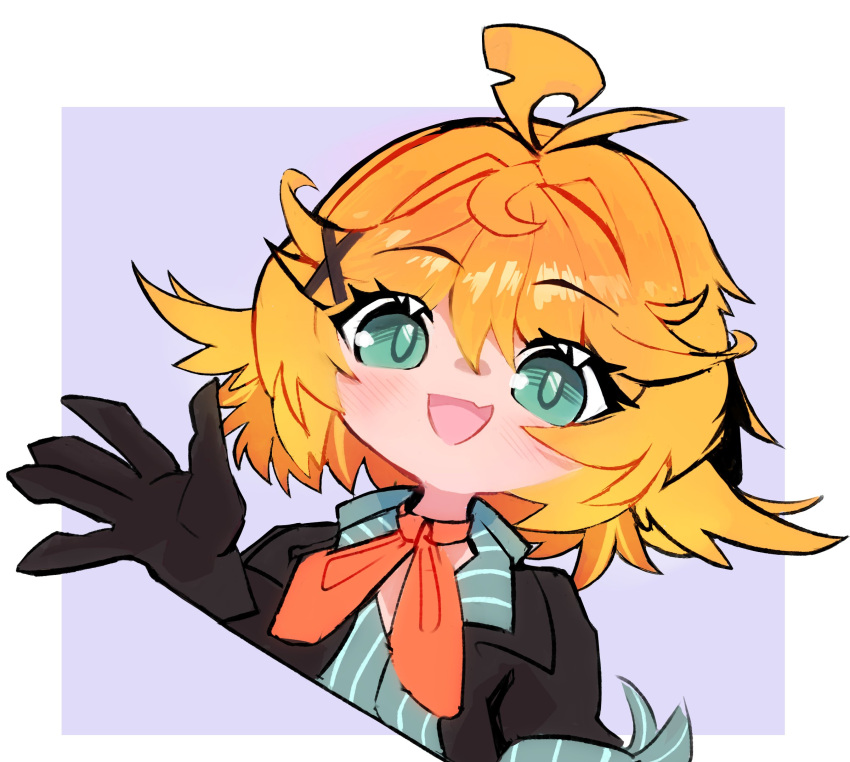 1girl, :d, ahoge, aqua_eyes, black_gloves, black_jacket, blonde_hair, chibi
