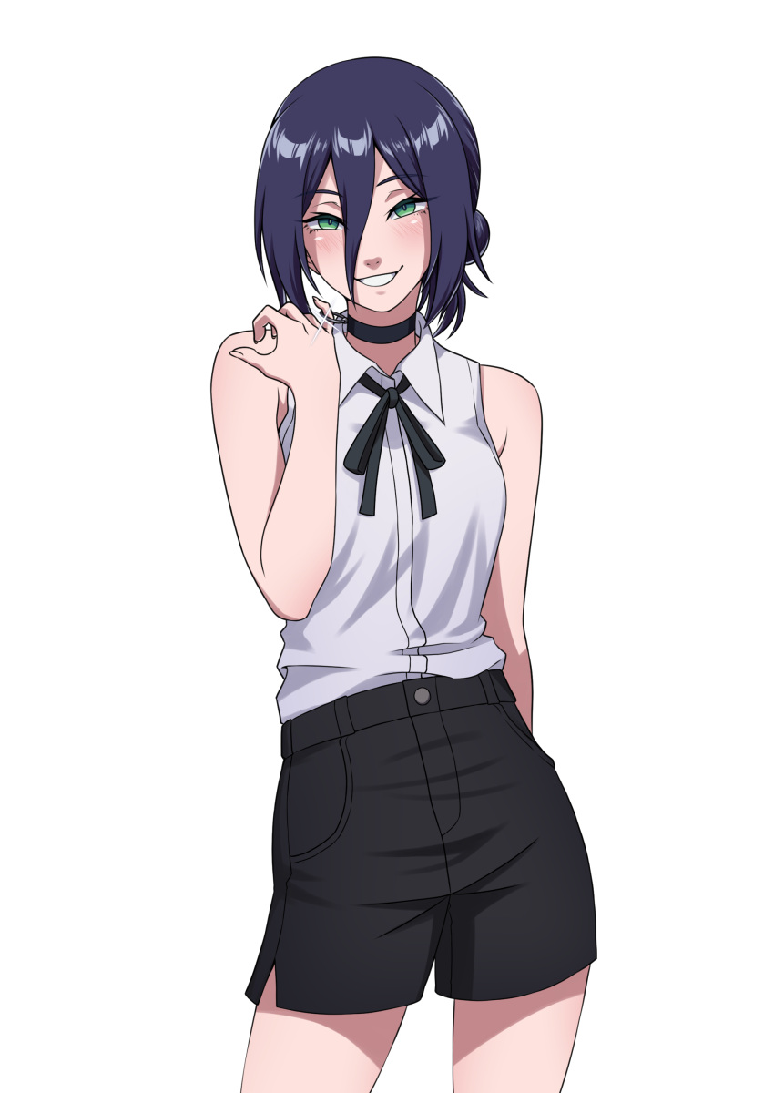 1girl, absurdres, black_shorts, blue_hair, chainsaw_man, collared_shirt, green_eyes, grenade_pin