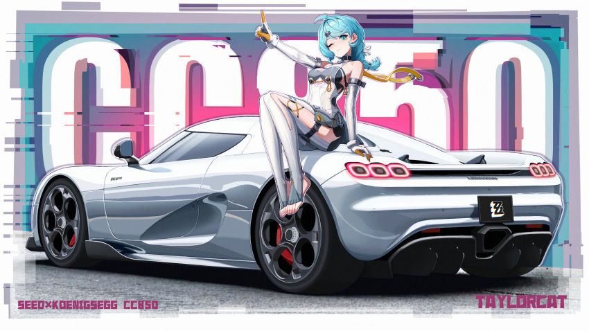 1girl, absurdres, ahoge, aqua_eyes, aqua_hair, artist_name, bare_shoulders, barefoot, blue_eyes, blue_hair, bodysuit, braid, braided_ponytail, braids, car, character_name, choker, company_name, detached_sleeves, elbow_gloves, female, garter, gloves, hairclip, highres, koenigsegg_(automobile), koenigsegg_cc850, long_hair, looking_at_viewer, medium_hair, motor_vehicle, one_eye_closed, pale_skin, pointy_ears, ponytail, seed_(zenless_zone_zero), signature, signed, sitting, smile, solo, taylorcat, text, toenails, toes, vehicle, vehicle_focus, vehicle_name, wallpaper, white_car, wink, zenless_zone_zero