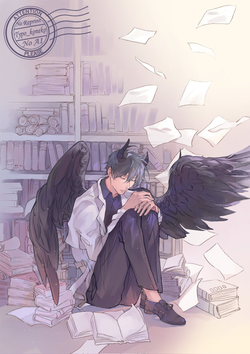 1boy, black_hair, black_shirt, black_wings, book, book_stack, bookshelf, closed_eyes