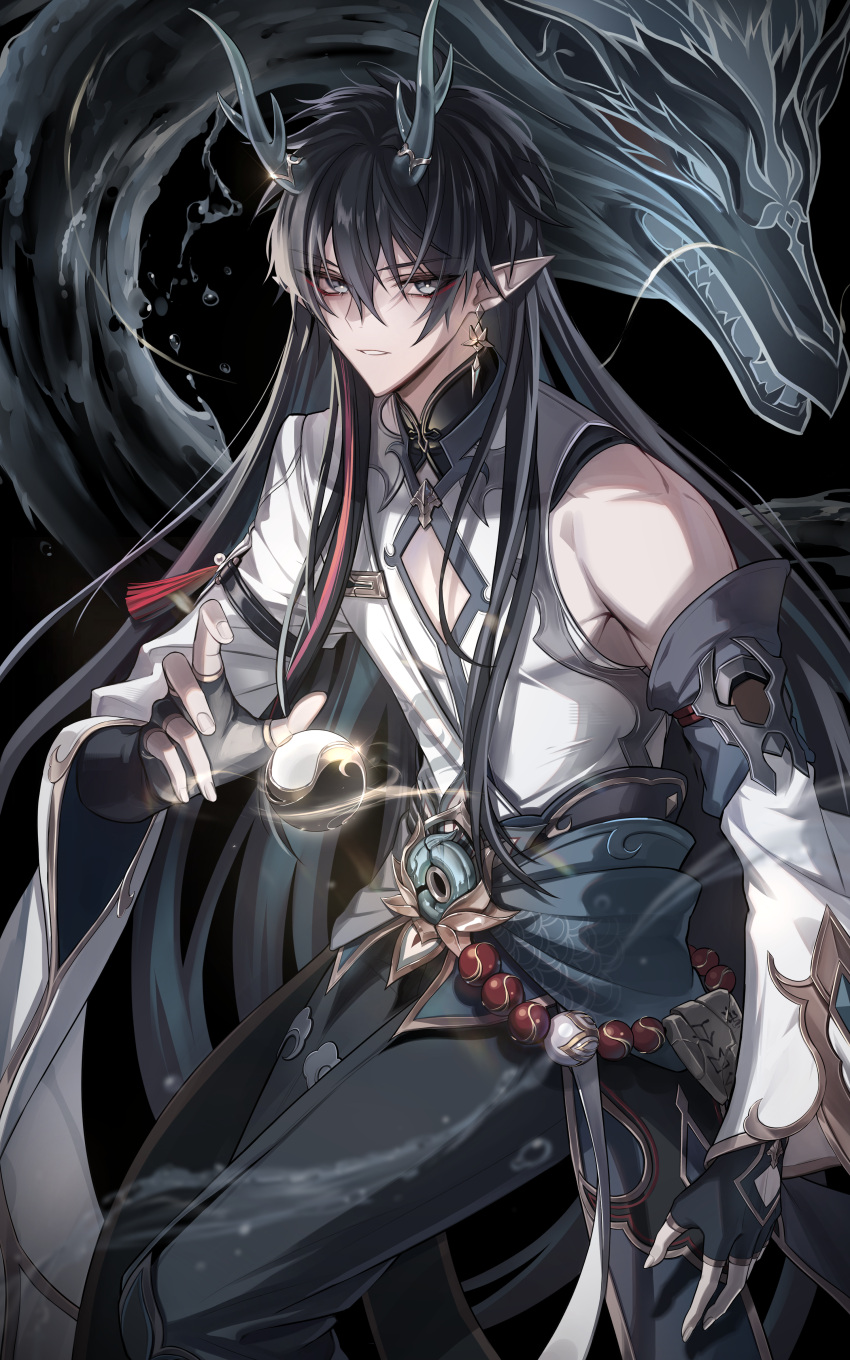 1boy, absurdres, black_background, black_gloves, black_hair, chinese_clothes, clothing_cutout, commentary_request, dan_heng_(honkai:_star_rail), dan_heng_(imbibitor_lunae)_(honkai:_star_rail), detached_sleeves, dragon, dragon_boy, dragon_horns, earrings, eastern_dragon, eyeliner, fingerless_gloves, glove_cutout, gloves, hair_between_eyes, highres, honkai:_star_rail, honkai_(series), horns, jewelry, long_hair, looking_at_viewer, makeup, male_focus, pants, parted_lips, pointy_ears, qq_(pixiv42788728), red_eyeliner, single_detached_sleeve, solo, very_long_hair, water