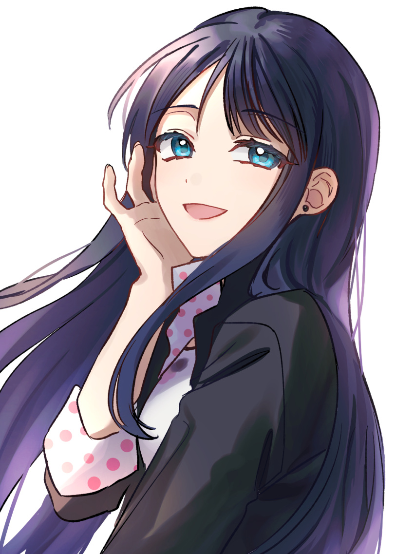 1girl, :d, alternate_hair_length, alternate_hairstyle, black_hair, black_jacket, bloom, blue_eyes, breasts, commentary_request, earrings, fingernails, from_below, hair_down, hand_on_own_cheek, hand_on_own_face, hand_up, highres, i.no, jacket, jewelry, long_hair, looking_at_viewer, marinette_dupain-cheng, miraculous_ladybug, open_clothes, open_jacket, open_mouth, polka_dot, shirt, simple_background, small_breasts, smile, solo, stud_earrings, swept_bangs, three-quarter_sleeves, upper_body, white_background, white_shirt