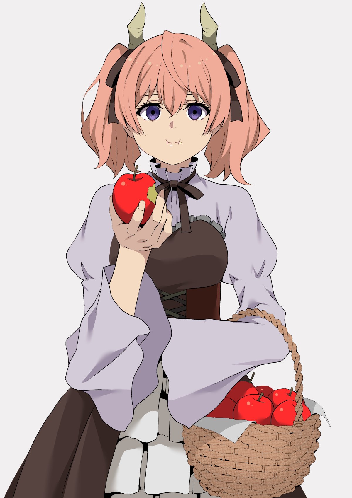 1girl, :i, apple, basket, brown_dress, brown_ribbon, commentary_request, corset