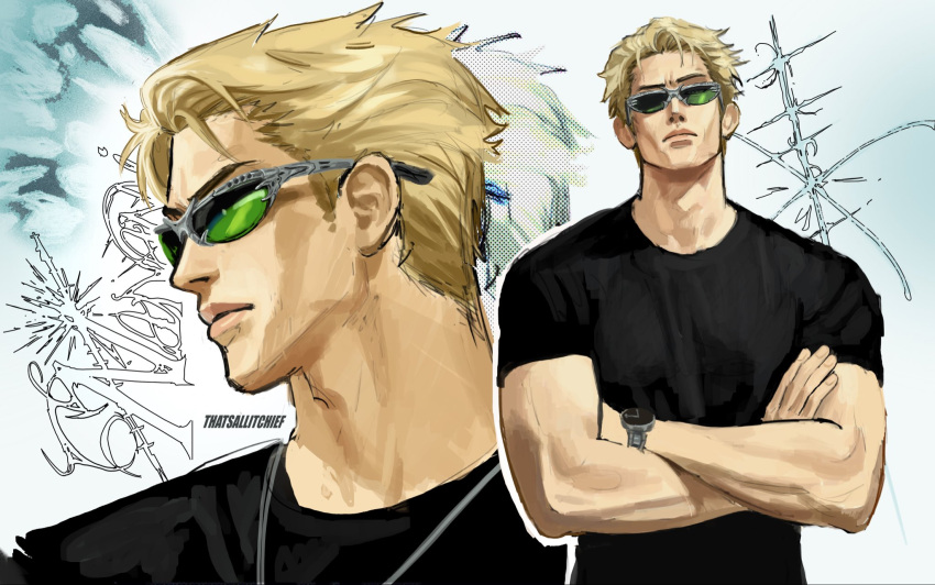 1boy, black_shirt, blonde_hair, closed_mouth, commentary, crew_neck, crossed_arms, english_commentary