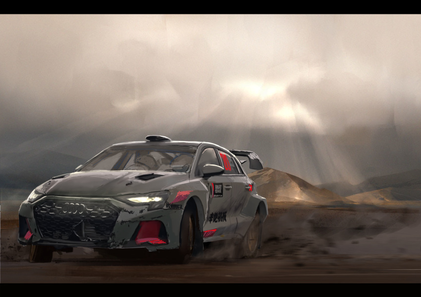 1other, absurdres, audi, audi_s3, car, chinese_commentary, clouds, cloudy_sky, commentary_request, day, dirt, drifting, grey_sky, helmet, highres, hill, light_rays, logo, motion_blur, motor_vehicle, motorcycle_helmet, mountainous_horizon, original, outdoors, product_placement, race_vehicle, racecar, rally_car, signature, sky, smoke, spoiler_(automobile), sponsor, sunbeam, sunlight, translation_request, vehicle_focus, yukikaze_supersylph