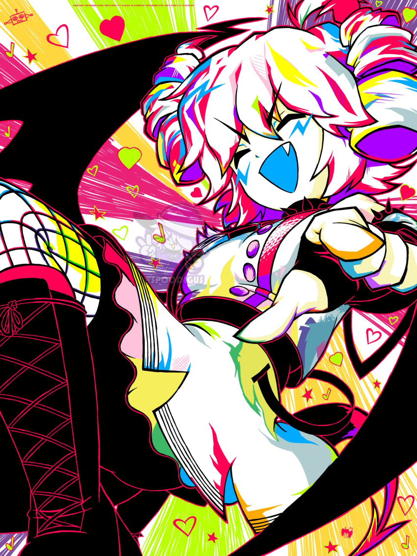 1girl, ^_^, boots, chimera, closed_eyes, drill_hair, fang, heart