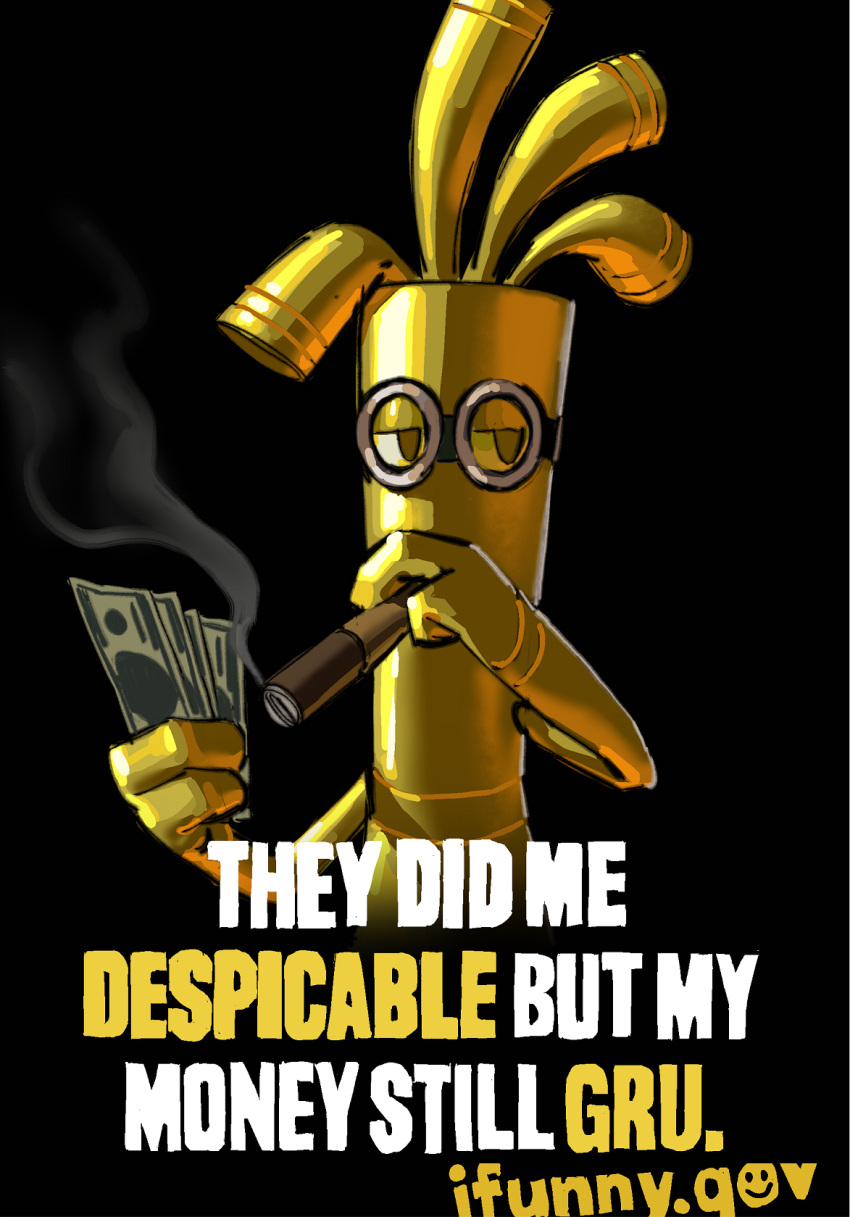 banknote, black_background, cigar, cosplay, despicable_me, dollar_bill, english_text, fake_website