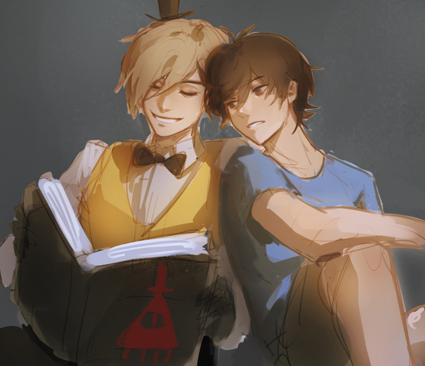 2boys, aged_up, bill_cipher, blonde_hair, book, book_of_bill, bow, bowtie, brown_hair, dipper_pines, gravity_falls, grin, hat, highres, male_focus, multiple_boys, personification, shirt, short_hair, smile, suikamelony, t-shirt, top_hat, vest