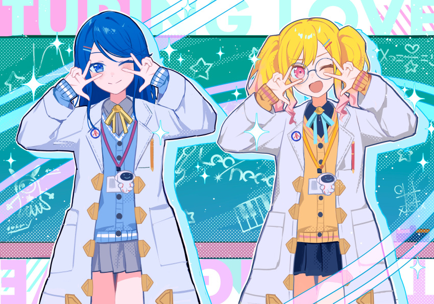 2girls, ;), ;d, absurdres, bespectacled, blonde_hair, blue_cardigan, blue_eyes