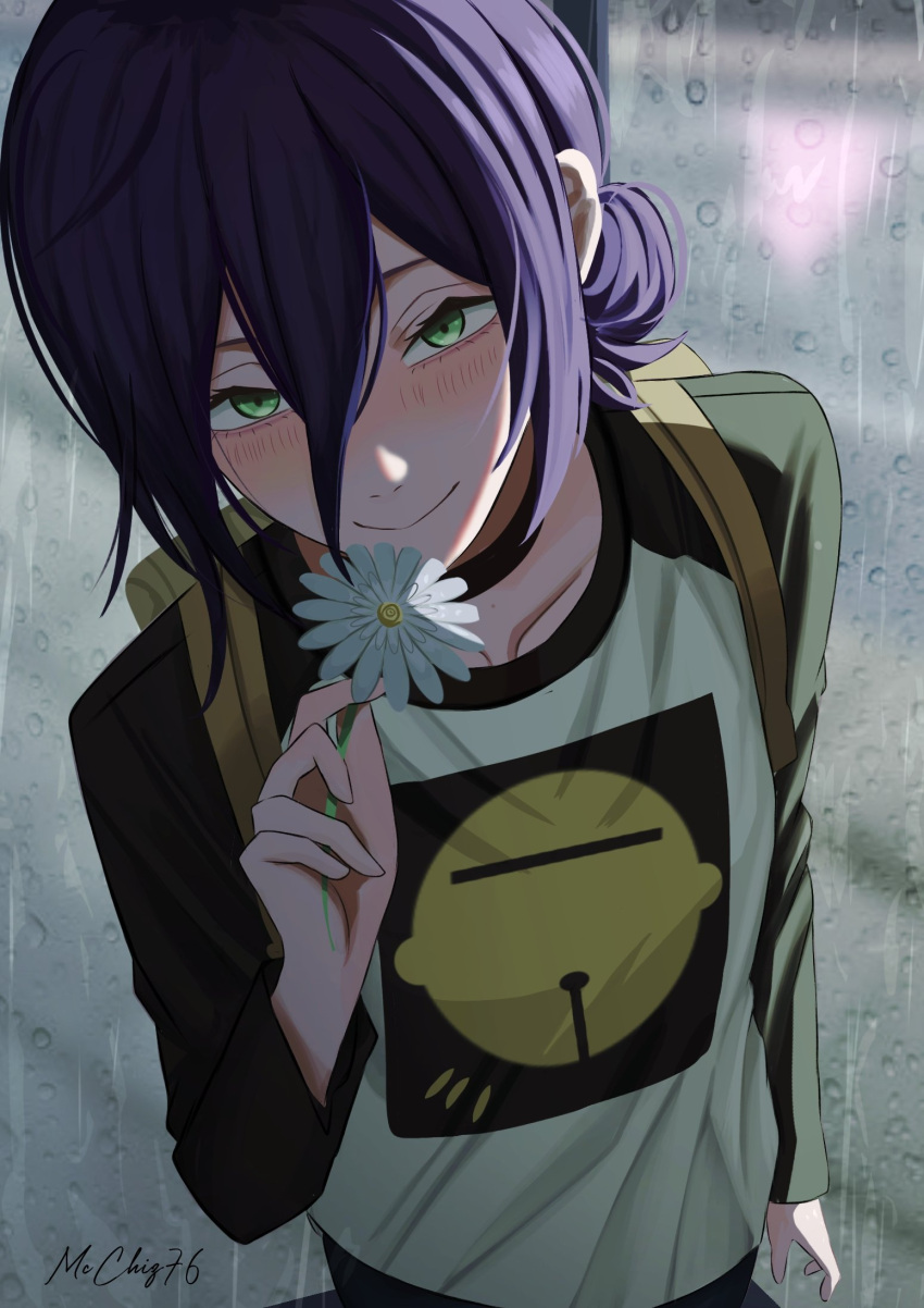 1girl, artist_name, backpack, bag, black_sleeves, chainsaw_man, closed_mouth, flower, green_eyes, hair_between_eyes, hair_bun, highres, holding, holding_flower, light_blush, looking_at_viewer, mccheese, phone_booth, purple_hair, reze_(chainsaw_man), shirt, smile, solo, white_flower, white_shirt