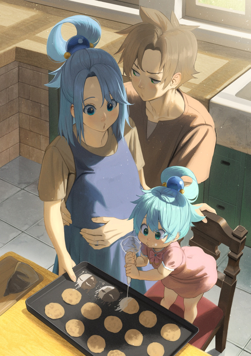 1boy, :o, alternate_hair_length, alternate_hairstyle, aqua_(konosuba), blue_dress, blue_eyes, blue_hair