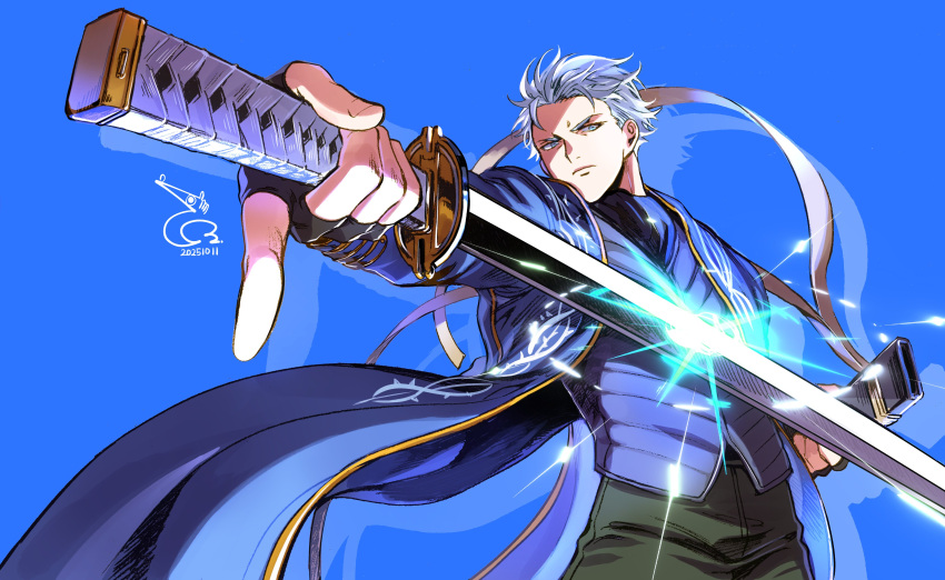 1boy, absurdres, baehee5502, black_gloves, blue_background, blue_coat, blue_eyes, coat, dated, devil_may_cry_(series), devil_may_cry_3, fingerless_gloves, gloves, highres, holding, holding_sword, holding_weapon, signature, simple_background, sword, vergil_(devil_may_cry), weapon, white_hair, yamato_(sword)