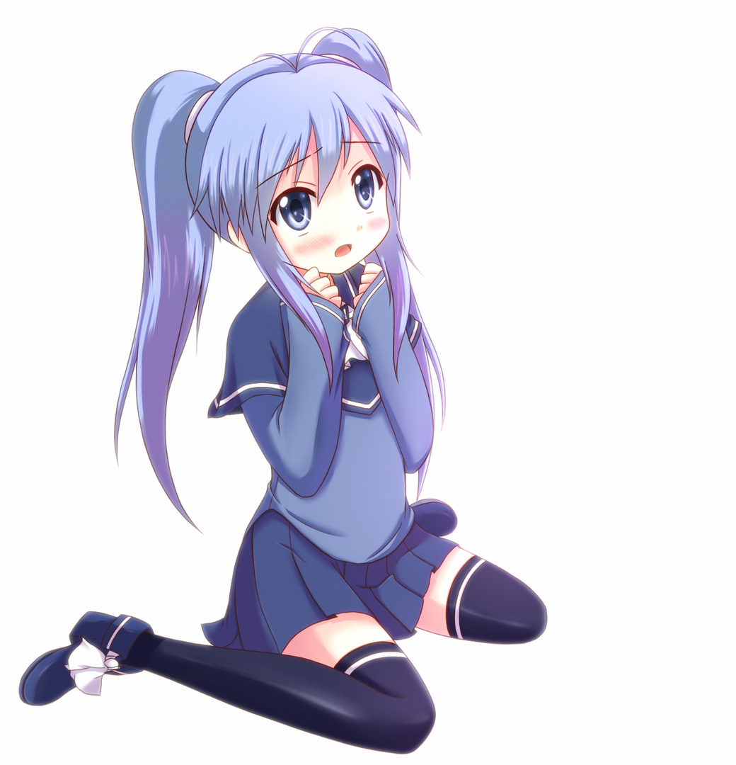 blue_eyes, blue_hair, blue_legwear, blush, imaichi_moenai_ko, katoyuu, kobe_shinbun, long_hair