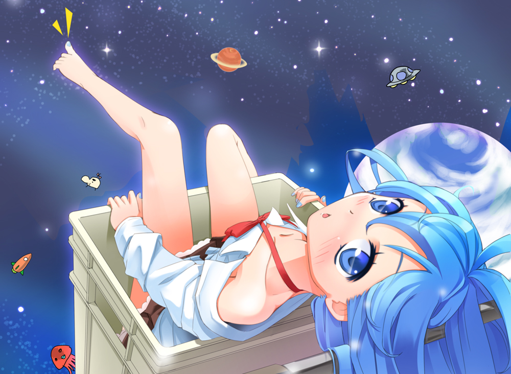 ahoge, antenna_hair, bad_feet, bare_legs, bare_shoulders, barefoot, blue_eyes, blue_hair