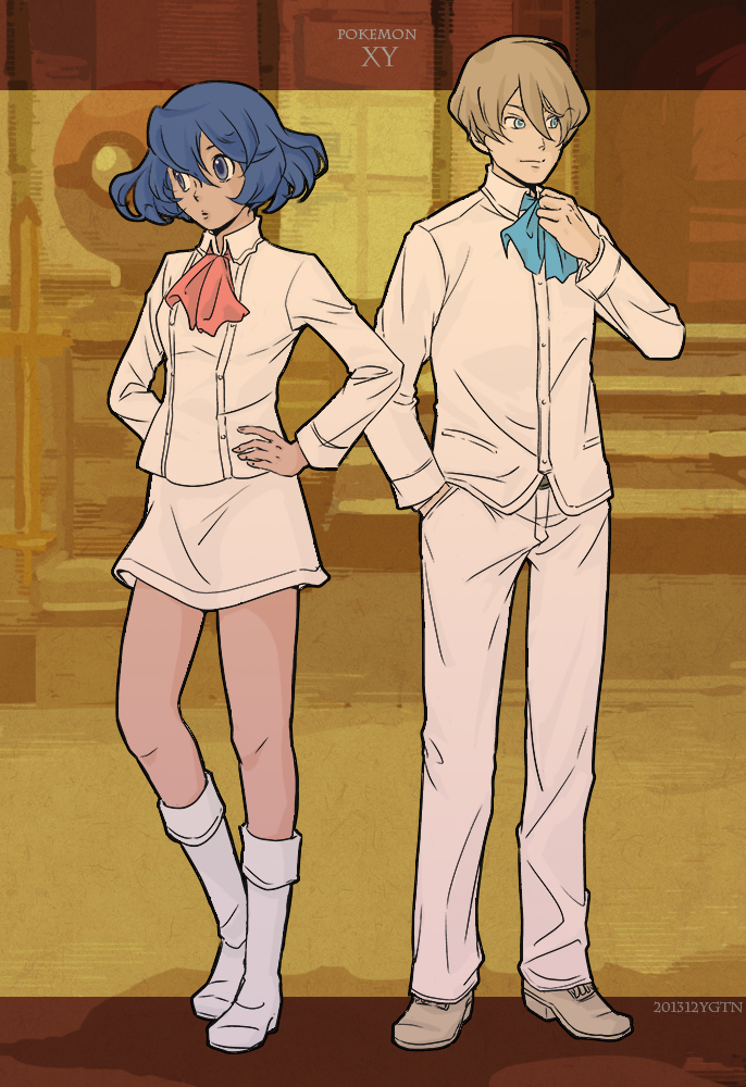 1boy, 1girl, ascot, blonde_hair, blue_ascot, blue_eyes, boots, copyright_name