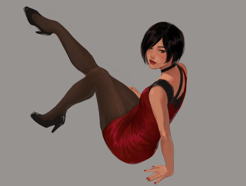 1girl, ada_wong, bare_arms, bare_shoulders, black_choker, black_hair, black_pantyhose, black_shoes, breasts, choker, closed_mouth, dress, full_body, grey_background, high_heels, highres, light_smile, looking_at_viewer, medium_breasts, nail_polish, pantyhose, parted_bangs, pumps, red_dress, red_lips, red_nails, resident_evil, resident_evil_2, s_shiio, shoes, short_hair, solo