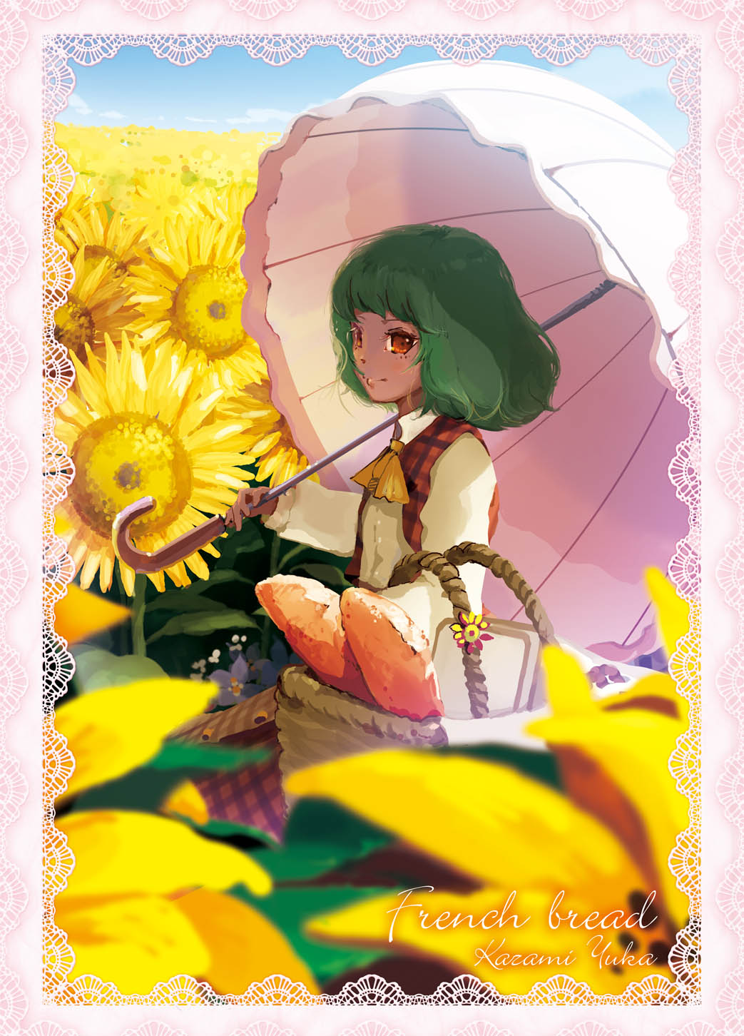 ascot, basket, blurry, border, bread, character_name, depth_of_field, english, flat_chest, flower, flower_field, food, green_hair, highres, kazami_yuuka, parasol, plaid, plaid_skirt, plaid_vest, red_eyes, rukurukuruku, short_hair, skirt, skirt_set, solo, sunflower, tartan, touhou, umbrella, vest, youkai