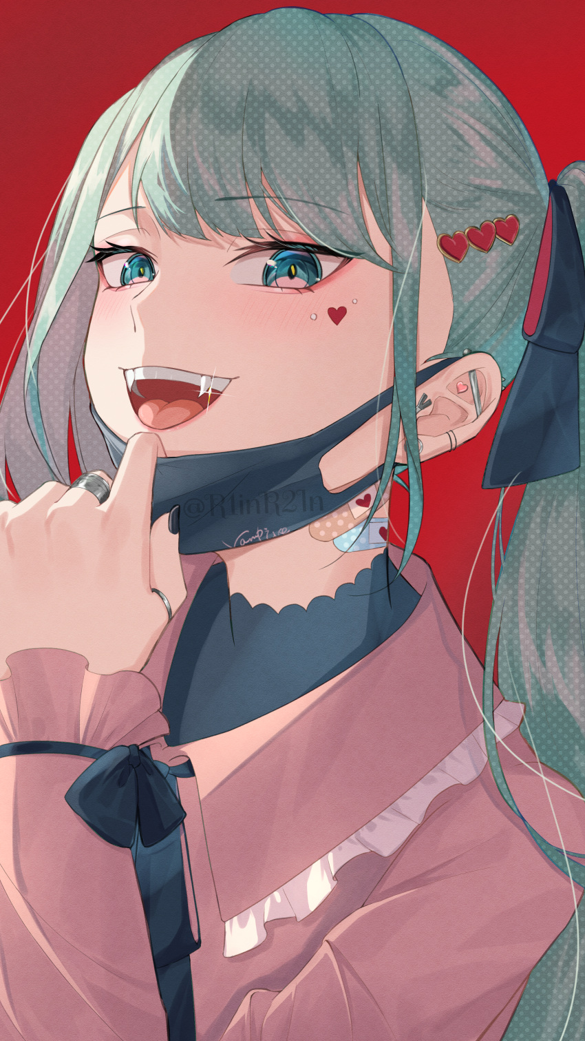 1girl, absurdres, bandaid, bandaid_on_neck, ben-day_dots, black_nails, black_ribbon, blue_eyes