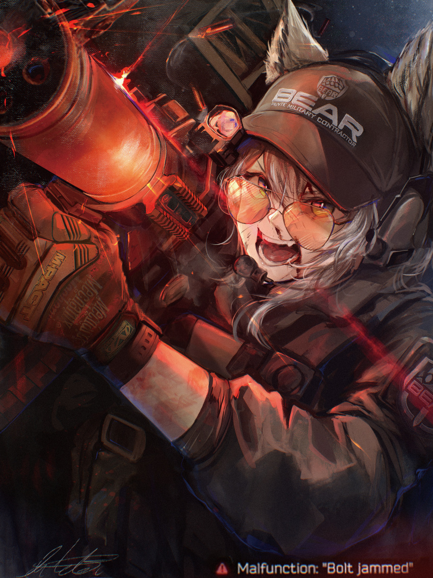 1girl, absurdres, aiming, animal_ears, arktic, as_val, assault_rifle, aviator_sunglasses