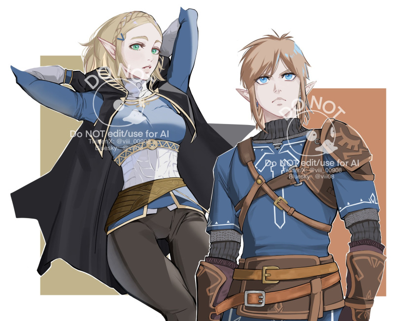1boy, 1girl, armor, arms_behind_back, black_cloak, black_gloves, black_pants, black_sweater