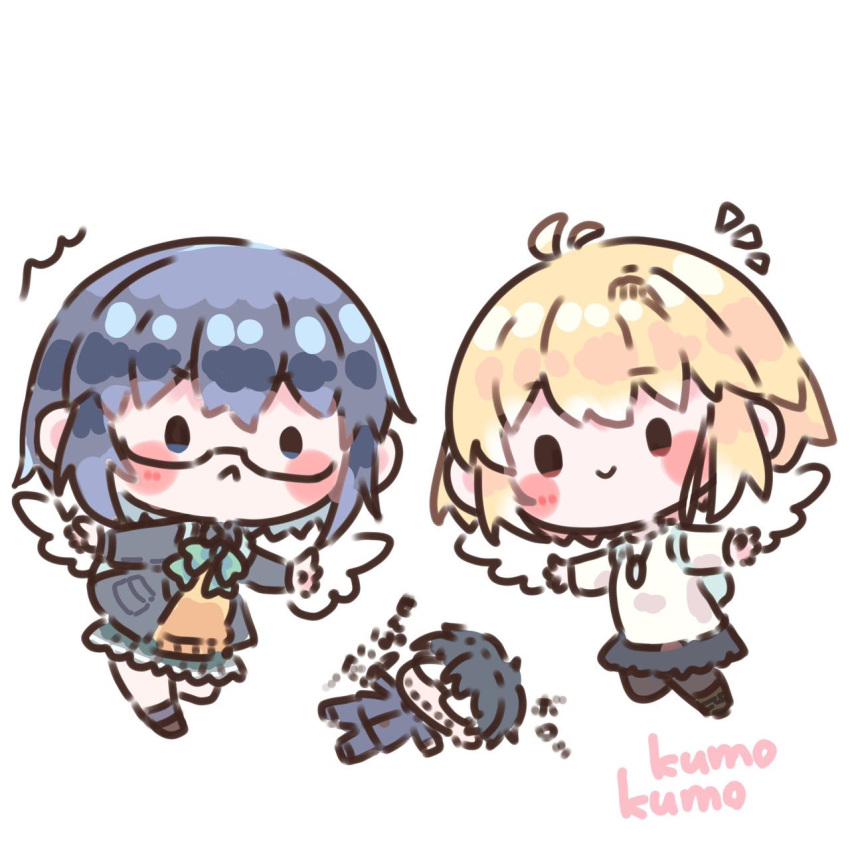 1boy, 2girls, ahoge, angel_wings, arcueid_brunestud, arms_at_sides, black_hair, blonde_hair