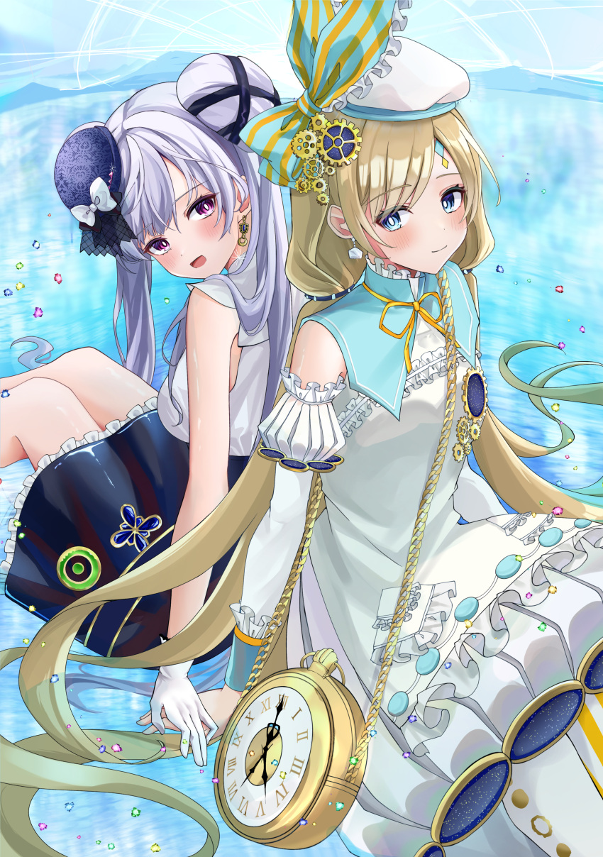 2girls, absurdres, acid_(maimai), back-to-back, blonde_hair, blue_eyes, blush, bow