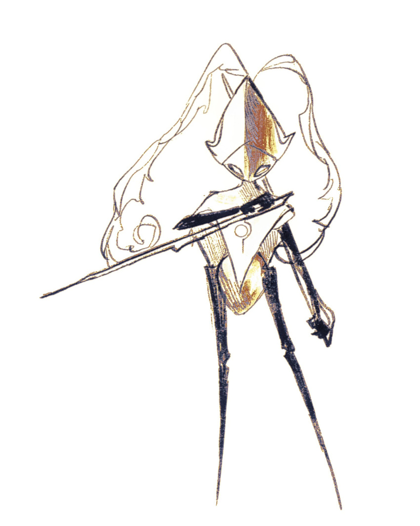 1other, black_skin, carbonmechanics, colored_skin, commentary_request, dual_wielding, highres, holding, holding_sword, holding_weapon, hollow_knight, hollow_knight:_silksong, other_focus, second_sentinel_(hollow_knight), standing, sword, weapon, white_eyes