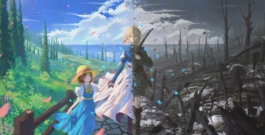 2girls, absurdres, ann_magnolia, bare_tree, blue_sky, clouds, dress, grey_sky