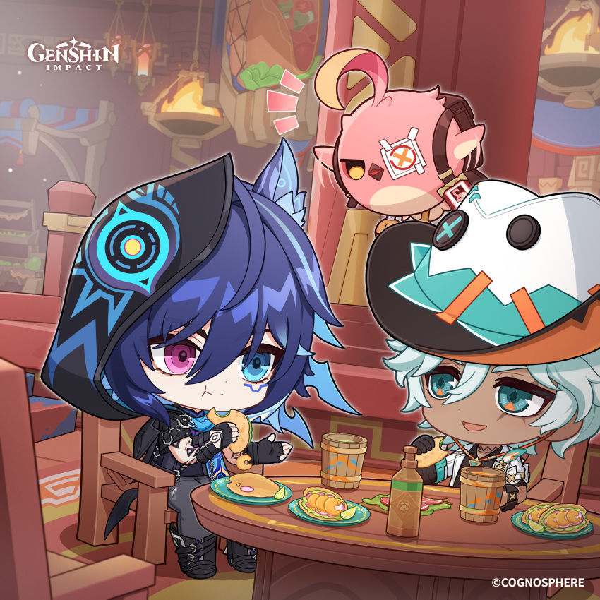 2boys, absurdres, bird, black_boots, black_gloves, black_hat, black_shirt, blue_eyes