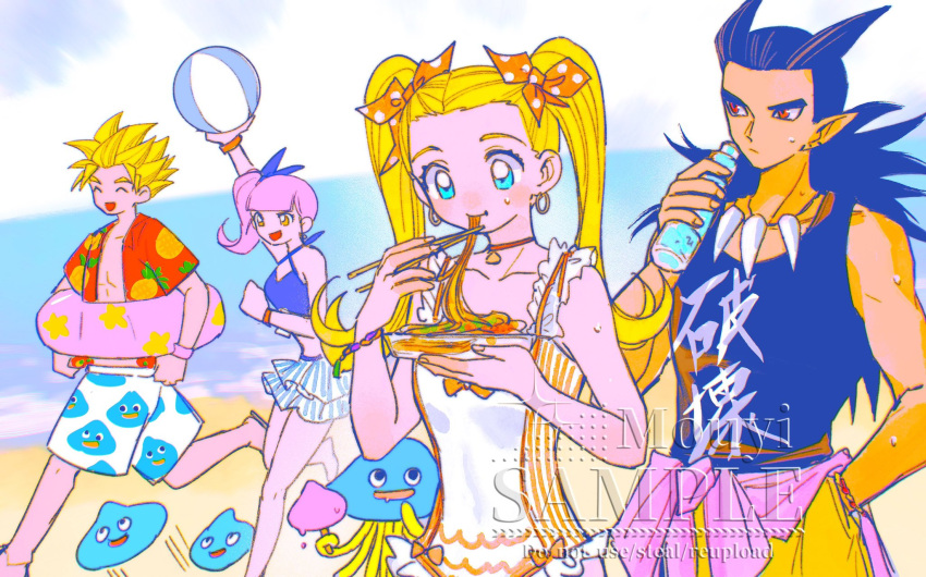 2boys, 2girls, antenna_hair, aqua_eyes, artist_name, ball, bare_shoulders, beach