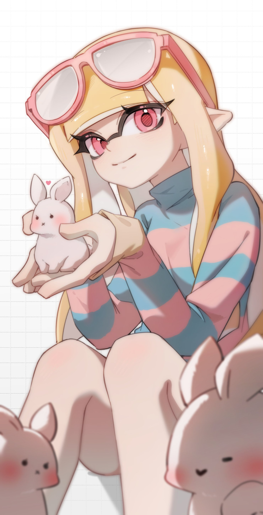 1girl, absurdres, blonde_hair, blue_sweater, chu_u0spl, closed_mouth, eyewear_on_head, grid_background