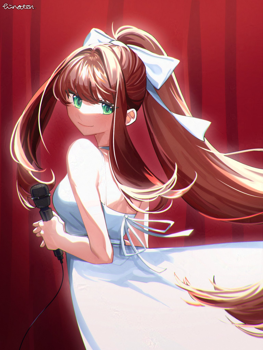 1girl, artist_name, bare_shoulders, breasts, brown_hair, closed_mouth, commentary, doki_doki_literature_club