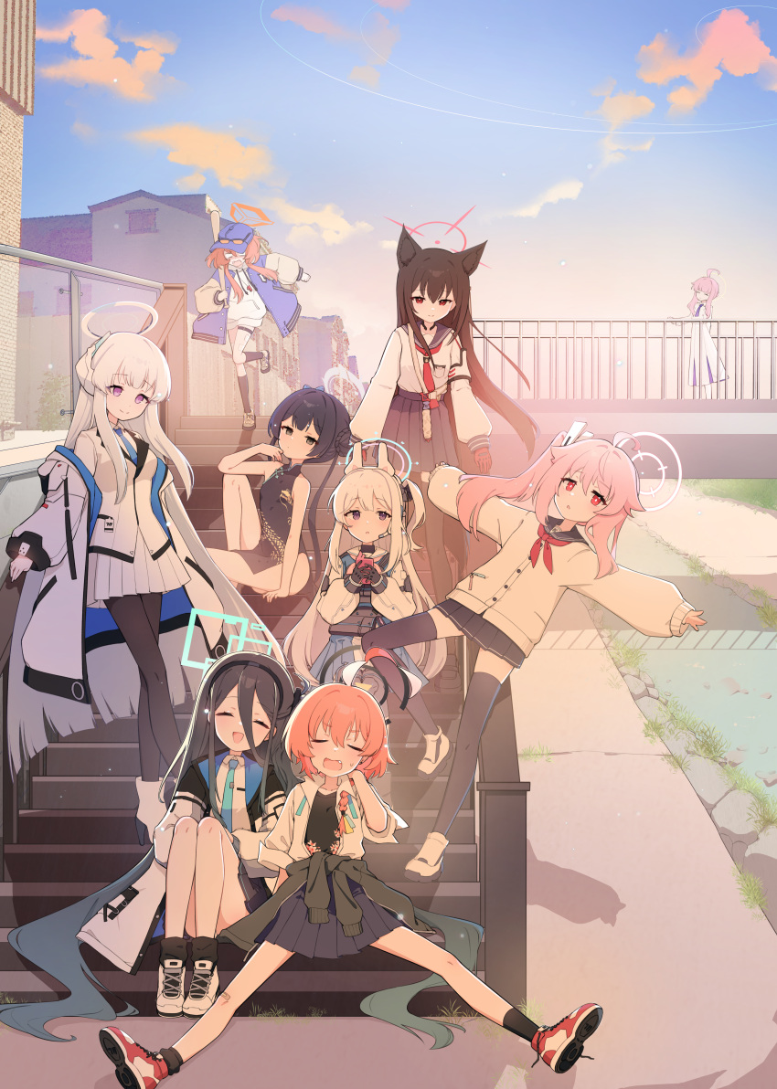 6+girls, absurdres, ahoge, animal_ear_fluff, animal_ear_headphones, animal_ears, aris_(blue_archive), baseball_cap