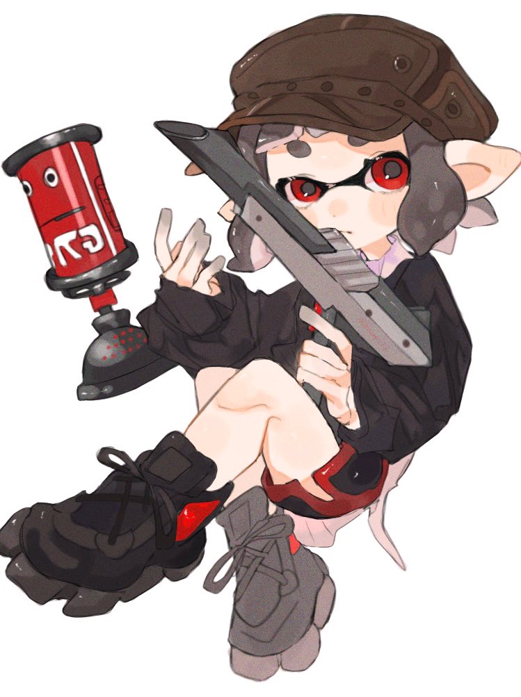 1girl, black_shoes, black_shorts, brown_hat, closed_mouth, commentary_request, dolphin_shorts, grey_hair, gun, hat, himama_rt, holding, holding_gun, holding_weapon, inkling, inkling_girl, inkling_player_character, looking_at_viewer, medium_hair, n-zap_(splatoon), pointy_ears, red_eyes, shoes, short_eyebrows, shorts, simple_background, sitting, sleeves_past_wrists, solo, splatoon_(series), splatoon_3, suction_bomb_(splatoon), tentacle_hair, thick_eyebrows, weapon, white_background