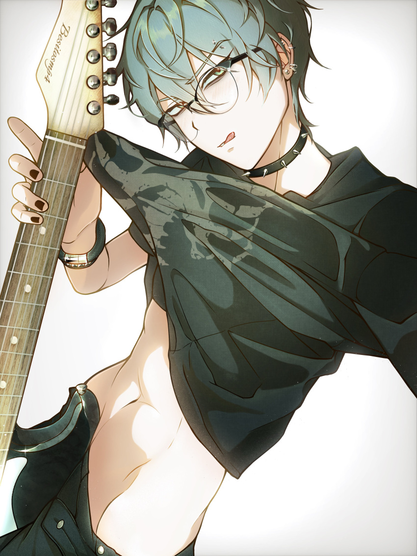 1boy, absurdres, alien_stage, aqua_eyes, artist_name, besitosmp4, black-framed_eyewear, black_choker, black_nails, black_pants, black_shirt, blue_hair, bracelet, choker, clothes_lift, commentary, denim, ear_piercing, earrings, electric_guitar, english_commentary, eyebrow_piercing, face_piercing, fender_jazzmaster, from_side, guitar, hair_between_eyes, highres, holding, holding_guitar, holding_instrument, instrument, jeans, jewelry, lifting_own_clothes, looking_at_viewer, male_focus, navel, pants, piercing, shirt, shirt_lift, short_hair, simple_background, skeleton_print, skinny, solo, spiked_choker, spikes, till_(alien_stage), white_background