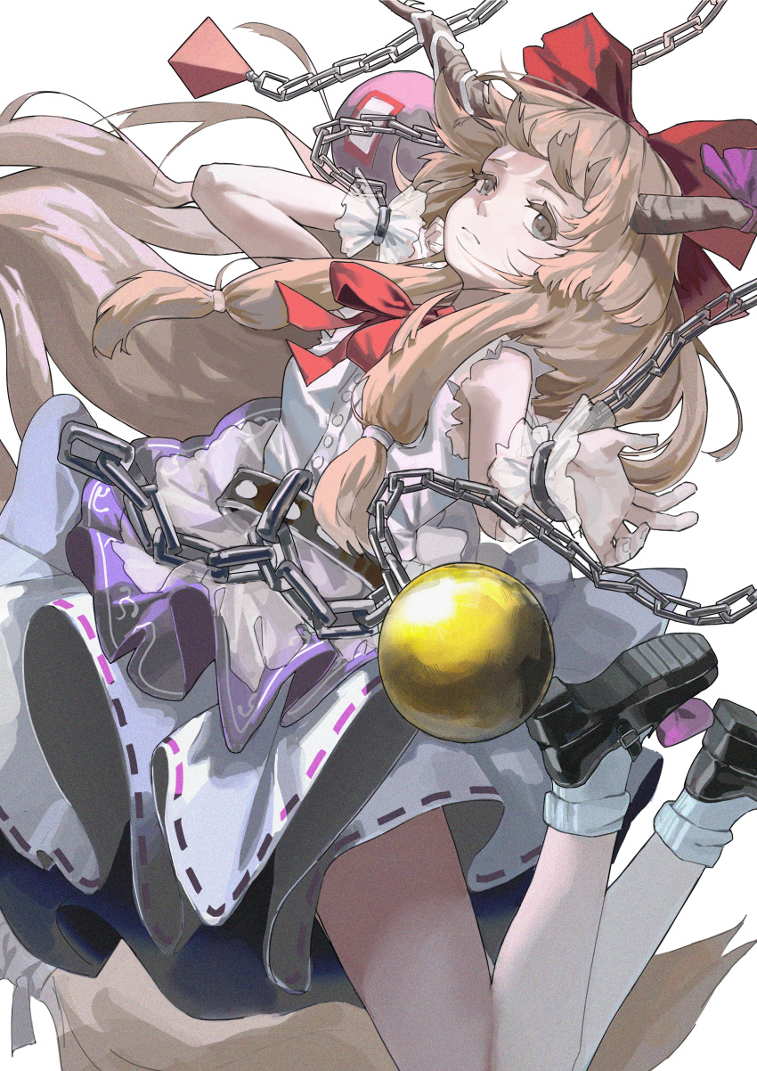 1girl, absurdres, bow, bruce_1354, chain, cuffs, highres, horns