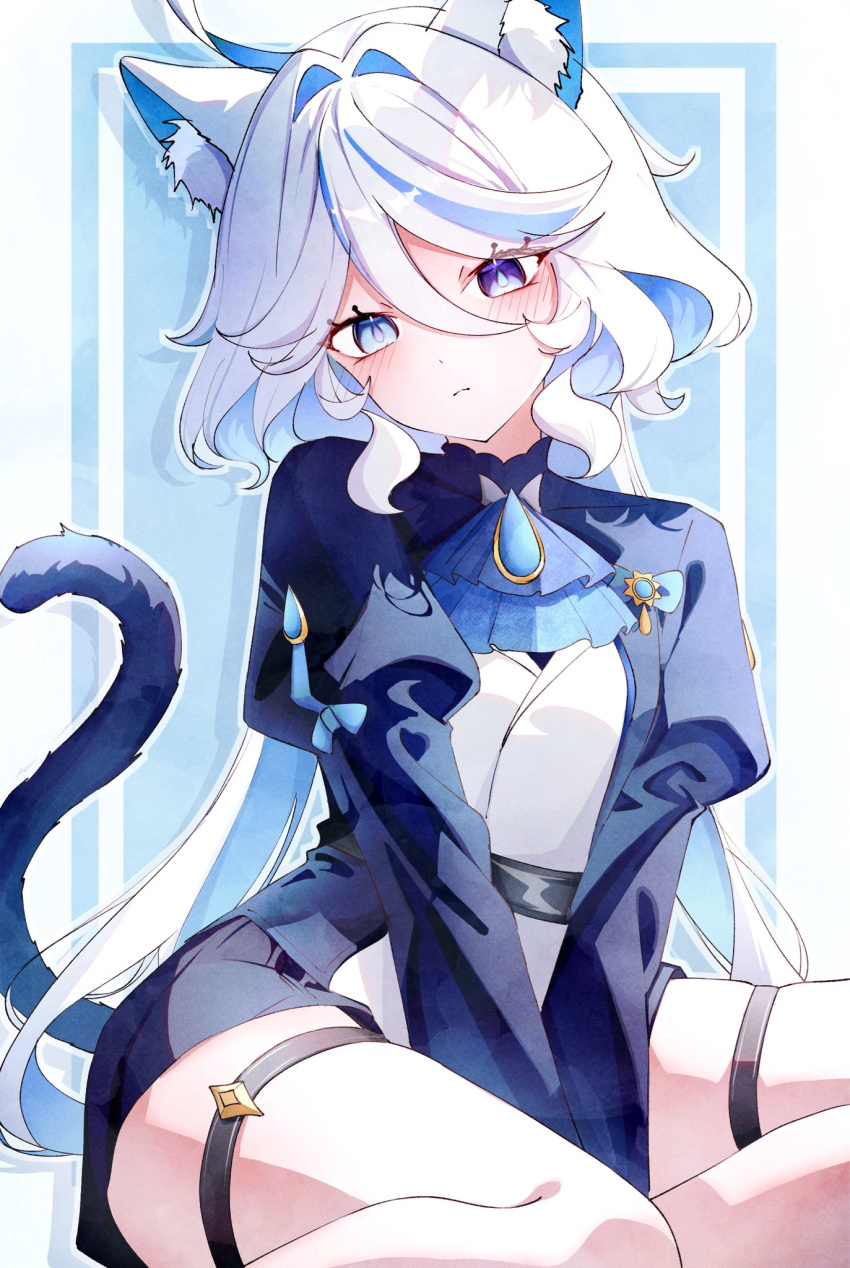 1girl, animal_ear_fluff, animal_ears, ascot, between_legs, blue_ascot, blue_eyes, blue_gemstone
