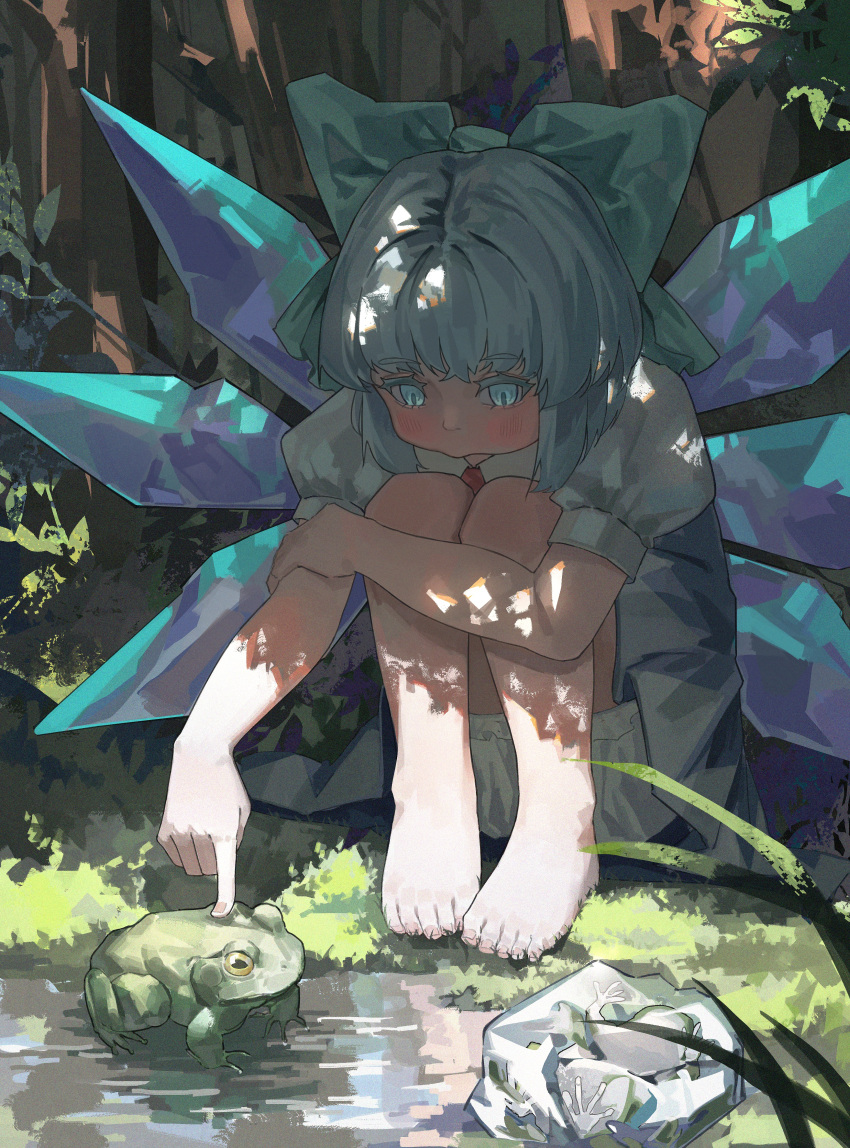 1girl, absurdres, barefoot, blue_eyes, blue_hair, bow, bruce_1354, cirno