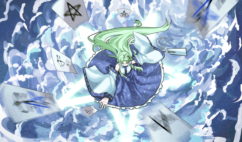 1girl, absurdres, blue_dress, bruce_1354, detached_sleeves, dress, dynamic_pose, energy