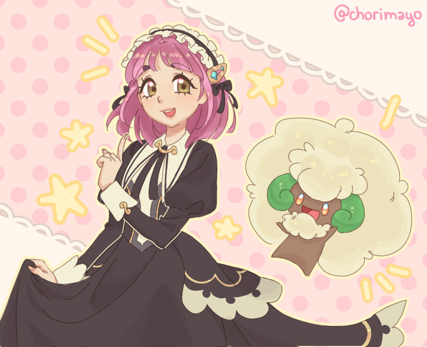 1girl, :d, black_dress, brown_eyes, chorimayo, dress, english_commentary, eyelashes, highres, index_finger_raised, juliet_sleeves, lacey_(fall_2025)_(pokemon), lacey_(pokemon), long_sleeves, looking_at_viewer, maid, maid_headdress, official_alternate_costume, open_mouth, pink_hair, pokemon, pokemon_(creature), pokemon_masters_ex, puffy_sleeves, skirt_hold, smile, twitter_username, whimsicott