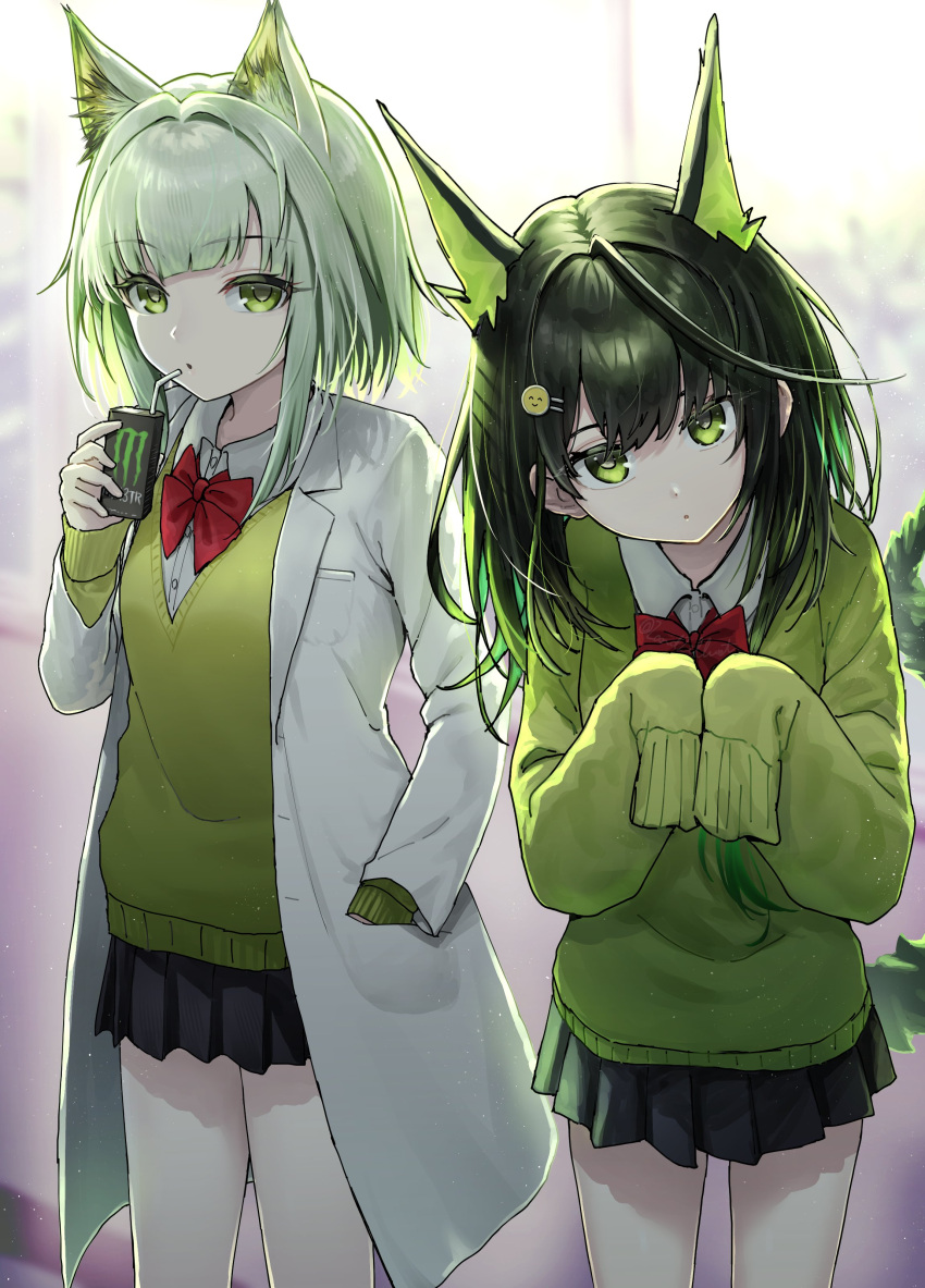 2girls, absurdres, ahoge, alternate_costume, animal_ear_fluff, animal_ears, arknights, black_hair