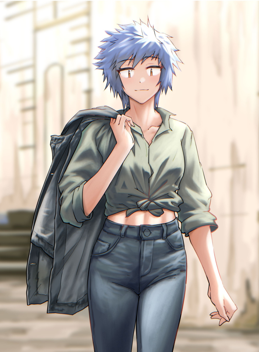 absurdres, blue_hair, blue_pants, blurry, blurry_background, brown_eyes, closed_mouth, collarbone