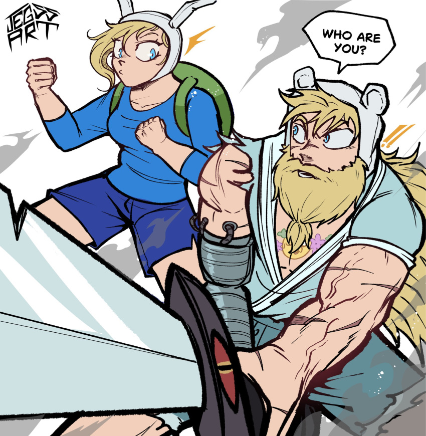 1boy, 1girl, adventure_time, adventure_time:_fionna_and_cake, alternate_universe, animal_ears, backpack, bag