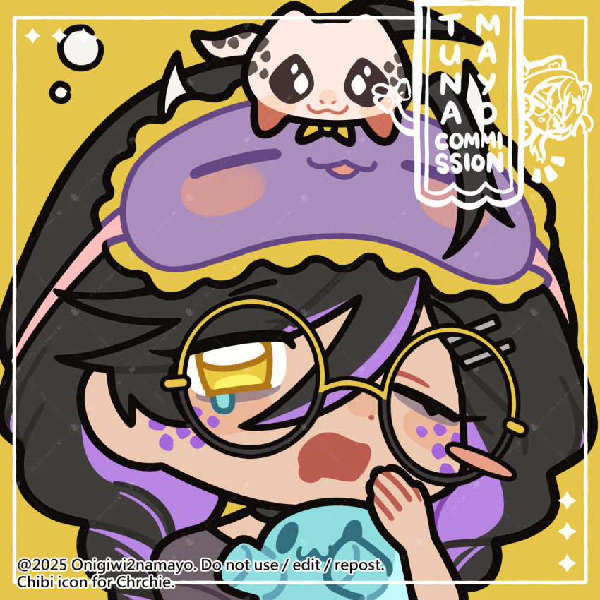 1girl, animal_on_head, artist_name, black_hair, blush_stickers, braid, character_name, chibi