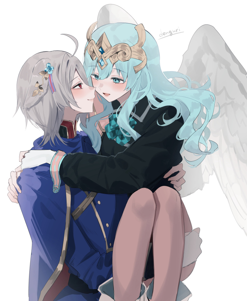 2girls, absurdres, ahoge, androgynous, angel_wings, aqua_eyes, aqua_hair, artist_name, blush, carrying, closed_mouth, commentary_request, fire_emblem, fire_emblem_shadows, grey_hair, hair_between_eyes, highres, kurt_(fire_emblem), long_hair, long_sleeves, looking_at_another, multiple_girls, open_mouth, princess_carry, red_eyes, rose_(fire_emblem), sakuramotikun, short_hair, signature, smile, wings, yuri
