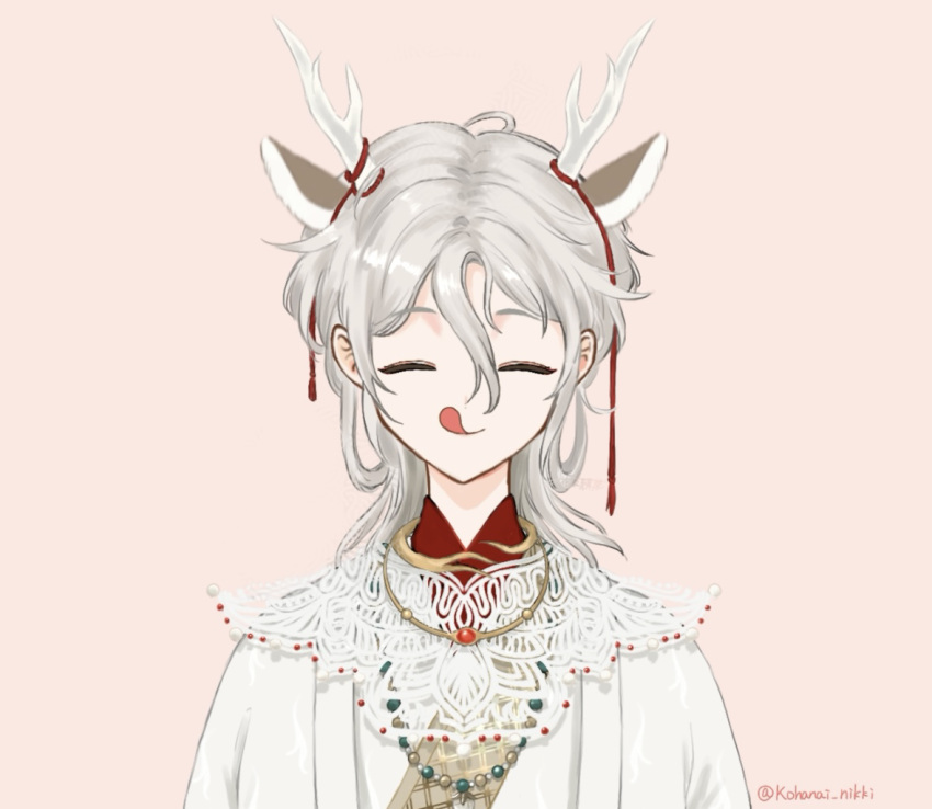 1boy, :o, aegyo_sal, animal_ears, bead_necklace, beads, chewing_gum, chinese_clothes